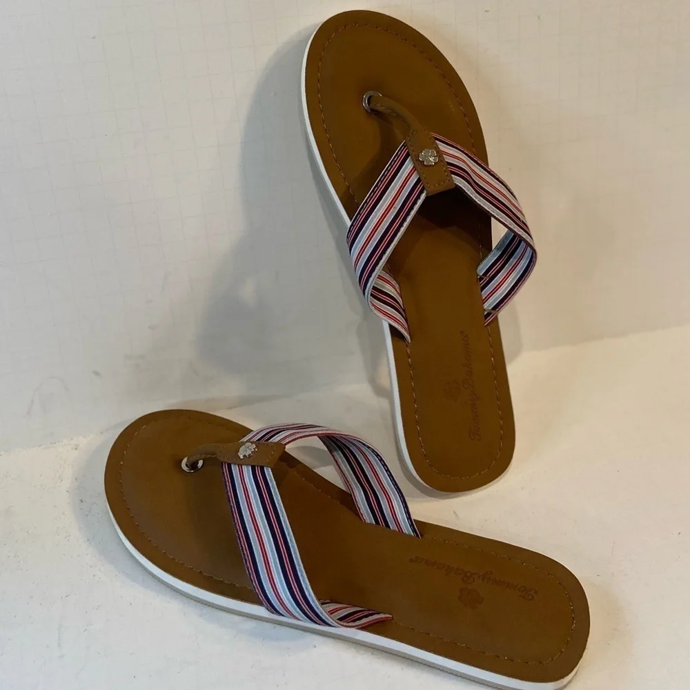 Tommy Bahama~New Canvas Blue/Red Stripe~Thong Flip Flop~Cushioned Footbed~Size 9